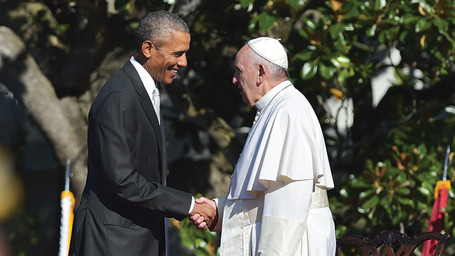 US President Barack Obama greets Pope Francis during an arrival ceromony at the White House on September 23, 2015 in Washington,DC. President Barack Obama hosts Pope Francis at the White House for the first time Wednesday, warmly embracing the Catholic pontiff seen as both a moral authority and potent political ally.  AFP PHOTO / MANDEL NGAN        (Photo credit should read MANDEL NGAN/AFP/Getty Images)